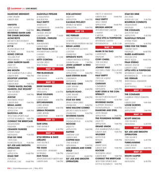 R44  |  SceneNewspaper.com  | May 2015
CALENDAR // LIVE MUSIC
HANSOME MIDNIGHT
LYRIC ROOM
GREEN BAY	 8:00 PM
VINYETTE
LYRIC ROOM
GREEN BAY	 8:00 PM
REVEREND RAVEN AND
THE CHAIN SMOKING
ALTAR BOYS
BECKETS RESTAURANT
OSHKOSH	 8:30 PM
R P M
PLANK ROAD PUB
DE PERE	 8:30 PM
SONIC CIRCUS
TILLARS PUB
WEST BEND	 8:30 PM
JOSH FARROW BAND
DEJA’ VU
APPLETON	 9:00 PM
BIG MOUTH
FOX HARBOR PUB & GRILL
GREEN BAY	 9:00 PM
ROOFTOP JUMPERS
JIMMY SEAS
GREEN BAY	 9:00 PM
“OWEN MAYES, RACHEL
HANSON, OLD WOLVES”
THE SOURCE
MENASHA	 9:00 PM
AVATAR
WATERING HOLE
GREEN BAY	 9:00 PM
BRIAN JAMES
WORLD OF BEER
APPLETON	 9:00 PM
BAZOOKA JOE
WOUTERS SPORTS BAR
LITTLE SUAMICO	 9:00 PM
CONSULT THE BRIEFCASE
HEADLINERS
NEENAH	 9:30 PM
CRANKIN YANKEES
STONE TOAD
MENASHA	 9:30 PM
STAR SIX NINE
TWISTERS
HORTONVILLE	 9:30 PM
SLY JOE AND SMOOTH
OPERATORS
DEJA’ VU
APPLETON	 10:00 PM
ROAD TRIP
FAT JOES
FOND DU LAC	 10:00 PM
NASHVILLE PIPELINE
JJ MALONEYS
KAUKAUNA	 10:00 PM
HALF EMPTY
WISEGUYS
GREENVILLE	 10:00 PM
BILL STEINERT
HEIDEL HOUSE
GREEN LAKE	 7-10:00
COOKEE...TIMELESS
MUSIC
MACKINAWS
GREEN BAY	 7:30-11:00
DAN TULSA BAND
POTAWATOMI CARTER
CASINO
CARTER	8-12:00
KITTY CORONA
SILVER CRYST
WAUTOMA	8-12:00
MAY 10
PBR BLUEGRASS
THE SOURCE
MENASHA	 6:30 PM
MAY 12
EDDIE DANGER
THE SOURCE
MENASHA	 6:30 PM
DEAD SOLDIERS
LYRIC ROOM
GREEN BAY	 8:00 PM
DITCHRUNNERS
LYRIC ROOM
GREEN BAY	 8:00 PM
URBAN PIONEERS
LYRIC ROOM
GREEN BAY	 8:00 PM
MAY 13
SAM LUNA
THE SOURCE
MENASHA	 6:30 PM
MAY 14
KYLE MEGNA & DAVE
LEBLANC
THE SOURCE
MENASHA	 6:30 PM
TED EGGE
ANDUZZIS - HOWARD
HOWARD	 7:00 PM
DAN TULSA
ANDUZZIS EAST GREEN BAY
GREEN BAY	 7:00 PM
ROB ANTHONY
DEJA’ VU
APPLETON	 9:00 PM
KAI-MAN PROJECT
WORLD OF BEER
APPLETON	 9:00 PM
MAY 15
VIC FERRARI
ASSUMPTION CATHOLIC
SCHOOL
WISCONSIN RAPIDS	7:00 AM
BRIAN JAMES
UW-OSHKOSH ALUMNI
CENTER
OSHKOSH	 6:00 PM
SEPARATE WAYS
URBAN MIDDLE SCHOOL
SHEBOYGAN	 7:30 PM
JOHN LAMBERT & MIKE
SCHULTZ
CHANDELIER CLUB
APPLETON	 8:00 PM
DAVE STEFFEN BAND
CIMERRON
MENASHA	 8:00 PM
MAD MAD ONES
LYRIC ROOM
GREEN BAY	 8:00 PM
SATELITE ECHO
LYRIC ROOM
GREEN BAY	 8:00 PM
STAR SIX NINE
MOLLY MAGUIRES
OSHKOSH	 8:00 PM
MIKE MALONE COMBO
BECKETS RESTAURANT
OSHKOSH	 8:30 PM
REVEREND RAVEN
SLIPPERY NOODLE
INDIANAPOLIS	 8:30 PM
MOOOSE
DEJA’ VU
APPLETON	 9:00 PM
DAPHNI
SARDINE CAN
GREEN BAY	 9:00 PM
COPPER BOX
THE SOURCE
MENASHA	 9:30 PM
LOU SHIELDS AND CHRIS
GOLD
CRANKY PATS
NEENAH	 10:00 PM
SLY JOE AND SMOOTH
OPERATORS
FRETS & FRIENDS
GREEN BAY	 10:00 PM
HALF EMPTY
MILL CREEK
APPLETON	 10:00 PM
BROKEN ARROW
POTAWATOMI CARTER
CASINO
CARTER	3:30-7:30
LITTLE VITO & TORPEDOES
RIVERSIDE CASINO
RIVERSIDE IA	 8:30-12:00
MAY 16
MARK TE TAI DUO
CANNOVA’S
NEENAH	 6:00 PM
CORY CHISEL
THE SOURCE
MENASHA	 6:30 PM
JOHNNY WAD
OLD MILL PARK - PELLADAYS
PELLA	 7:30 PM
HALF EMPTY
TWO OF A KIND
DUNDAS	 7:30 PM
CARAVAN
CIMERRON
MENASHA	 8:00 PM
KURT STEIN & THE CON-
SPIRACY
BECKETS RESTAURANT
OSHKOSH	 8:30 PM
REVEREND RAVEN
SLIPPERY NOODLE
INDIANAPOLIS	 8:30 PM
DIAMOND AND STEEL
10TH FRAME
APPLETON	 9:00 PM
THE POUNDING FATHERS
DEJA’ VU
APPLETON	 9:00 PM
GRAND UNION
FOX HARBOR PUB & GRILL
GREEN BAY	 9:00 PM
WILDSIDE
IZZYS PUB
BERLIN	 9:00 PM
UNITY
JIMMY SEAS
GREEN BAY	 9:00 PM
ROCKER
WATERING HOLE
GREEN BAY	 9:00 PM
CONSULT THE BRIEFCASE
WOUTERS SPORTS BAR
LITTLE SUAMICO	 9:00 PM
STAR SIX NINE
FAT JOES
FOND DU LAC	 9:30 PM
BOURBON COWBOYS
HEADLINERS
NEENAH	 9:30 PM
THE COUGARS
KOUNTRY BAR
APPLETON	 9:30 PM
NASHVILLE PIPELINE
STONE TOAD
MENASHA	 9:30 PM
VIBES FOR THE TRIBES
CRANKY PATS
NEENAH	 10:00 PM
RABID AARDVARKS
PAULIES PUB
WEST ALLIS	 10:00 PM
FRAN STEENO
HEIDEL HOUSE
GREEN LAKE	 7-10:00
LITTLE VITO & TORPEDOES
RIVERSIDE CASINO
RIVERSIDE IA	 8:30-12:00
VIC FERRARI
WHITEHALL FIREMENS
DANCE
WHITEHALL	9-12:30
MAY 17
THE COUGARS
LAMBEAU FIELD PARKING
LOT
GREEN BAY	 9:00 AM
LOOSE SCREWS
FLAGSTONE
APPLETON	 5:00 PM
MAY 19
SCOTT DERCKS
THE SOURCE
MENASHA	 6:30 PM
MAY 20
SLY JOE AND SMOOTH
OPERATORS
THE SOURCE
MENASHA	 6:30 PM
TURBOJUGEND
LYRIC ROOM
GREEN BAY	 8:00 PM
MAY 21
KELVIN KASPER
THE SOURCE
MENASHA	 6:30 PM
 