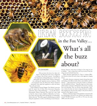 L6  | SceneNewspaper.com | Greater Oshkosh | May 2015
ENTERTAINMENT // SERIOUSLY FUNNY
BY LORI PALMERI
Did you know the honey bee (Apis mel-
lifera) is the Wisconsin State insect, designated
in Chapter 326 of State statutes? According to
the Department of Natural Resources, “In 1977, the
third grade class of Holy Family School in Marinette
was studying the legislative process, hands-on. With
encouragement from the Wisconsin Honey Producers
Association, they asked the Legislature to select the honey
bee as the state insect.
Forbes Magazine featured blogger, Tom Barlow’s interview
with Dr. James Tew of Ohio State University’s Honeybee
Laboratory, about “urban beekeeping, “… in cities like Denver,
Minneapolis, Helena, Montana, New York City” and, I add
to that list, closer to home, Madison, Milwaukee, La Crosse,
Eau Claire and Green Bay (2010 repealed ban on beekeeping).
Barlow observed, “This effort supports rehabilitating our nation’s
ailing bee population as well as contributing to local food pro-
duction. However, those that are allergic to bee stings are not
so thrilled…” that is, about bees in the city, for fear of any bee
sting, not just the docile honey bee.
Public education opportunity #1: There is a distinct differ-
ence between a honey bee and a wasp or other aggressive stinging
insects.
The public education component requires facing those fears
and looking at the different kinds of bees, and as Barlow and Tew
opined, “…what protections can be put in place to minimize
even the unlikeliest of harm. Typically stings occur from wasps,
yellow jackets or hornets seeking food at the picnic or having
their nest disturbed. They can and do sting repeatedly. How-
ever, a honey bee does not want to sting you because it will die
after stinging since they lose their stinger in the process which is
attached to their digestive system.”
Despite a small percentage of the population concerned with
bee sting allergies, the last five year estimates now indicate there
around 100,000 beekeepers, up 10% to 15% since the early
2000’s across the country.
URBAN BEEKEEPING
in the Fox Valley…
What's all
the buzz
about?
 