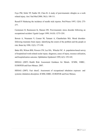 Foye PM, Stitik TP, Nadler SF, Chen B. A study of post-traumatic shingles as a work
related injury. Am J Ind Med 2000; 38(1): 108-111.
Russell P. Reducing the incidence of needle stick injuries. Prof-Nurse 1997; 12(4): 275-
277.
Carstensen O, Rasmussen K, Hansen ON. Post-traumatic stress disorder following an
occupational accident. Ugeskr Laeger 1999; 161(9): 1275-1281.
Bowen A, Neumann V, Conner M, Tennant A, Chamberlain MA. Mood disorders
following traumatic brain injury: identifying the extent of the problem and the people at
risk. Brain Inj 1998; 12(3): 177-190.
Baker RS, Wilson RM, Flowers CW, Lee DA, Wheeler NC. A population-based survey
of hospitalized work-related ocular injury: diagnoses, cause of injury, resource utilization,
and hospitalization outcome. Ophthalmic Epidemiol 1999; 6(3): 159-169.
HERAG (2007) Health Risk Assessment Guidance for Metals. ICMM, EBRC,
EUROFER and Euro Metaux. 2007.
HERAG (2007). Fact sheet2. Assessment of occupational inhalation exposure and
systemic inhalation absorption. ICMM, EBRC, EUROFER and Euro Metaux.
34 | P a g e
 