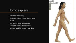 Homo sapiens
• Período Neolítico;
• Viveram há 350 mil – 50 mil anos
atrás;
• Há 50 mil anos adquiriram
comportamento moderno;
• Viviam na África, Europa e Ásia.
 