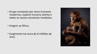 • Grupo composto por seres humanos
modernos, espécie humana extinta e
todos os nossos ancestrais imediatos.
• Origem na África.
• Surgimento há cerca de 6 milhões de
anos.
 