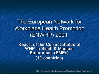 GTZ - Progress Social & Environmental Standarts. Alberto Cerda MicoGTZ - Progress Social & Environmental Standarts. Alberto Cerda Mico 11
The European Network forThe European Network for
Workplace Health PromotionWorkplace Health Promotion
(ENWHP) 2001(ENWHP) 2001
Report of the Current Status ofReport of the Current Status of
WHP in Small & MediumWHP in Small & Medium
Enterprises (SMEs)Enterprises (SMEs)
(19 countries)(19 countries)
 