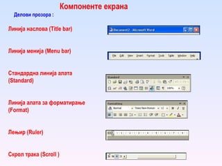 Компоненте екрана Линија наслова ( T itle bar ) Линија менија ( M enu bar ) Стандардна линија алата ( S tandard ) Линија алата з a  форматирање ( F ormat ) Лењир   ( R uler) Скрол трак а  ( S croll   ) Делови прозора : 