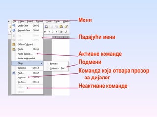 Мени Падајући мени Активне команде Подмени Команда која отвара прозор за дијалог Неактивне команде 