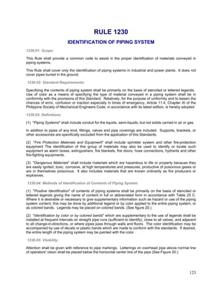 RULE 1230
IDENTIFICATION OF PIPING SYSTEM
1230.01: Scope:
This Rule shall provide a common code to assist in the proper identification of materials conveyed in
piping systems.
This Rule shall cover only the identification of piping systems in industrial and power plants. It does not
cover pipes buried in the ground.
1230.02: Standard Requirements:
Specifying the contents of piping system shall be primarily on the basis of stenciled or lettered legends.
Use of color as a means of specifying the type of material conveyed in a piping system shall be in
conformity with the provisions of this Standard. Relatively, for the purpose of uniformity and to lessen the
chances of error, confusion or inaction especially in times of emergency, Article 11.4, Chapter XI of the
Philippine Society of Mechanical Engineers Code, in accordance with its latest edition, is hereby adopted
1230.03: Definitions:
(1) "Piping Systems" shall include conduit for the liquids, semi-liquids, but not solids carried in air or gas.
In addition to pipes of any kind, fittings, valves and pipe coverings are included. Supports, brackets, or
other accessories are specifically excluded from the application of this Standards.
(2) "Fire Protection Materials and Equipment" shall include sprinkler system and other fire-protection
equipment The identification of this group of materials may also be used to identify or locate such
equipment as alarm boxes, extinguishers, fire blankets, fire doors, hose connections, hydrants and other
fire-fighting equipments.
(3) "Dangerous Materials" shall include materials which are hazardous to life or property because they
are easily ignited, toxic, corrosive, at high temperatures and pressures, productive of poisonous gases or
are in themselves poisonous. It also includes materials that are known ordinarily as fire producers or
explosives.
1230.04: Methods of Identification of Contents of Piping System:
(1) "Positive Identification" of contents of piping systems shall be primarily on the basis of stenciled or
lettered legends giving the name of content in full or abbreviated form in accordance with Table 25 C.
Where it is desirable or necessary to give supplementary information such as hazard or use of the piping
system content, this may be done by additional legend or by color applied to the entire piping system, or
as colored bands. Legends may be placed on colored bands. (See figure 20.)
(2) "Identification by color or by colored bands" which are supplementary to the use of legends shall be
installed at frequent intervals on straight pipe runs (sufficient to identify), close to all valves, and adjacent
to all change-in-directions, or where pipes pass through walls and floors. The color identification may be
accompanied by use of decals or plastic bands which are made to conform with the standards. If desired,
the entire length of the piping system may be painted with the color.
1230.05: Visibility:
Attention shall be given with reference to pipe markings. Letterings on overhead pipe above normal line
of operators' vision shall be placed below the horizontal center line of the pipe (See Figure 20.)
123
 