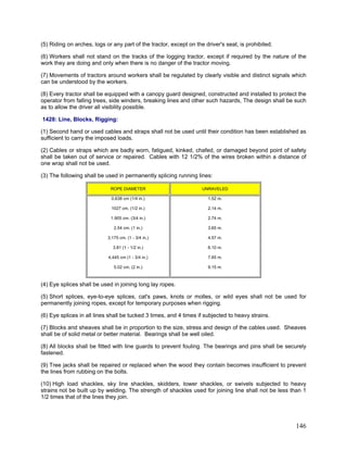 (5) Riding on arches, logs or any part of the tractor, except on the driver's seat, is prohibited.
(6) Workers shall not stand on the tracks of the logging tractor, except if required by the nature of the
work they are doing and only when there is no danger of the tractor moving.
(7) Movements of tractors around workers shall be regulated by clearly visible and distinct signals which
can be understood by the workers.
(8) Every tractor shall be equipped with a canopy guard designed, constructed and installed to protect the
operator from falling trees, side winders, breaking lines and other such hazards, The design shall be such
as to allow the driver all visibility possible.
1428: Line, Blocks, Rigging:
(1) Second hand or used cables and straps shall not be used until their condition has been established as
sufficient to carry the imposed loads.
(2) Cables or straps which are badly worn, fatigued, kinked, chafed, or damaged beyond point of safety
shall be taken out of service or repaired. Cables with 12 1/2% of the wires broken within a distance of
one wrap shall not be used.
(3) The following shall be used in permanently splicing running lines:
ROPE DIAMETER UNRAVELED
0.638 cm (1/4 in.)
1027 cm. (1/2 in.)
1.905 cm. (3/4 in.)
2.54 cm. (1 in.)
3.175 cm. (1 - 3/4 in.)
3.81 (1 - 1/2 in.)
4.445 cm (1 - 3/4 in.)
5.02 cm. (2 in.)
1.52 m.
2.14 m.
2.74 m.
3.65 m.
4.57 m.
6.10 m.
7.65 m.
9.15 m.
(4) Eye splices shall be used in joining long lay ropes.
(5) Short splices, eye-to-eye splices, cat's paws, knots or molles, or wild eyes shall not be used for
permanently joining ropes, except for temporary purposes when rigging.
(6) Eye splices in all lines shall be tucked 3 times, and 4 times if subjected to heavy strains.
(7) Blocks and sheaves shall be in proportion to the size, stress and design of the cables used. Sheaves
shall be of solid metal or better material. Bearings shall be well oiled.
(8) All blocks shall be fitted with line guards to prevent fouling. The bearings and pins shall be securely
fastened.
(9) Tree jacks shall be repaired or replaced when the wood they contain becomes insufficient to prevent
the lines from rubbing on the bolts.
(10) High load shackles, sky line shackles, skidders, tower shackles, or swivels subjected to heavy
strains not be built up by welding. The strength of shackles used for joining line shall not be less than 1
1/2 times that of the lines they join.
146
 