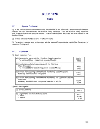 RULE 1970
FEES
1971 General Provisions:
(1) In the conduct of the administration and enforcement of this Standards, reasonable fees shall be
collected for such services except for technical safety inspection. Fees for technical safety inspection
shall be as provided in the National Building Code of the Philippines, PD 1096, and shall be paid to the
Building Official.
(2) All fees collected shall be covered by official receipts.
(3) The amount collected shall be deposited with the National Treasury to the credit of the Department of
Labor and Employment.
1972 Explosives.
(1) Safety Inspection Fees
(a) For explosive plants with five (5) or less Class I magazine.
For additional Class I magazine in excess of five (5) f
600.00
40.00
(b) For plants manufacturing explosive with five (5) or less
Class II magazine
For every additional Class II magazine in excess of five (5)
40.00
20.00
(c) For non-manufacturing establishments maintaining Class I magazine
For every additional Class II magazine
200.00
20.00
(d) For non-manufacturing establishments maintaining two (2) or less Class 11
magazines
For every additional Class II magazine in excess of two (2) 100.00
10.00
(2) Plan Checking Fee:
(a) Explosive Plants
200.00
(b) Magazine for non-manufacturing plants
Class I
Class 11
40.00
40.00
10.00
180
 