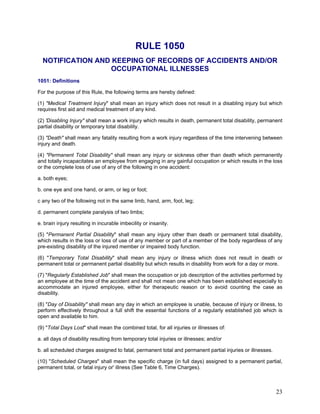 RULE 1050
NOTIFICATION AND KEEPING OF RECORDS OF ACCIDENTS AND/OR
OCCUPATIONAL ILLNESSES
1051: Definitions
For the purpose of this Rule, the following terms are hereby defined:
(1) "Medical Treatment Injury" shall mean an injury which does not result in a disabling injury but which
requires first aid and medical treatment of any kind.
(2) 'Disabling Injury" shall mean a work injury which results in death, permanent total disability, permanent
partial disability or temporary total disability.
(3) "Death" shall mean any fatality resulting from a work injury regardless of the time intervening between
injury and death.
(4) "Permanent Total Disability" shall mean any injury or sickness other than death which permanently
and totally incapacitates an employee from engaging in any gainful occupation or which results in the loss
or the complete loss of use of any of the following in one accident:
a. both eyes;
b. one eye and one hand, or arm, or leg or foot;
c any two of the following not in the same limb, hand, arm, foot, leg;
d. permanent complete paralysis of two limbs;
e. brain injury resulting in incurable imbecility or insanity.
(5) "Permanent Partial Disability" shall mean any injury other than death or permanent total disability,
which results in the loss or loss of use of any member or part of a member of the body regardless of any
pre-existing disability of the injured member or impaired body function.
(6) "Temporary Total Disability" shall mean any injury or illness which does not result in death or
permanent total or permanent partial disability but which results in disability from work for a day or more.
(7) "Regularly Established Job" shall mean the occupation or job description of the activities performed by
an employee at the time of the accident and shall not mean one which has been established especially to
accommodate an injured employee, either for therapeutic reason or to avoid counting the case as
disability.
(8) "Day of Disability" shall mean any day in which an employee is unable, because of injury or illness, to
perform effectively throughout a full shift the essential functions of a regularly established job which is
open and available to him.
(9) "Total Days Lost" shall mean the combined total, for all injuries or illnesses of:
a. all days of disability resulting from temporary total injuries or illnesses; and/or
b. all scheduled charges assigned to fatal, permanent total and permanent partial injuries or illnesses.
(10) "Scheduled Charges" shall mean the specific charge (in full days) assigned to a permanent partial,
permanent total, or fatal injury or' illness (See Table 6, Time Charges).
23
 
