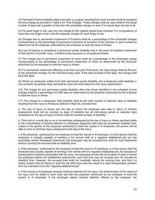 (3) Permanent Partial disability either traumatic or surgical, resulting from work accident shall be assigned
the time charge as provided in Table 6 on Time Charges. These charges shall be used whether the actual
number of days lost is greater or less than the scheduled charges or even if no actual days are lost at all.
(4) For each finger or toe, use only one charge for the highest valued bone involved. For computations of
more than one finger or toe, total the separate charges for each finger or toe.
(5) Charges due to permanent impairment of functions shall be a percentage of the scheduled charges
corresponding to the percentage of permanent reduction of functions of the member or part involved as
determined by the physician authorized by the employer to treat the injury or illness.
(6) Loss of hearing is considered a permanent partial disability only in the event of industrial impairment
of hearing from traumatic injury, industrial noise exposure or occupational illness.
(7) The charge due to permanent impairment of vision shall be a percentage of the scheduled charge
corresponding to the percentage of permanent impairment of vision as determined by the physician
authorized by the employer to treat the injury or illness.
(8) For permanent impairment affecting more than one part of the body, the total charge shall be the sum
of the scheduled charges for the individual body parts. If the total exceeds 6,000 days, the charge shall
be 6,000 days.
(9) Where an employee suffers from both permanent partial disability and a temporary total disability in
one accident, the greater days lost shall be used and shall determine the injury classification.
(10) The charge for any permanent partial disability other than those identified in the schedule of time
charges shall be a percentage of 6,000 days as determined by the physician authorized by the employer
to treat the injury or illness.
(11) The charge for a temporary total disability shall be the total number of calendar days of disability
resulting from the injury or fitness as defined in Rule (8), provided that:
a. The day of injury or illness and the day on which the employee was able to return to full-time
employment shall not be counted as days of disability but all intervening period or calendar days
subsequent to the day of injury or illness shall be counted as days of disability;
b. Time lost on a work day or on a non-workday subsequent to the day of injury or illness ascribed solely
to the unavailability of medical attention or necessary diagnostic aids shall be considered disability time,
unless in the opinion of the physician authorized to treat the injured or ill employee, the person will be
able to work on all those days subsequent to the day of the injury;
c. If the physician, authorized by the employer to treat the injured or ill employee, is of the opinion that the
employee is actually capable of working a full normal shift of a regularly established job but has
prescribed certain therapeutic treatments, the employee may be excused from work for such treatments
without counting the excused time as disability time.
d. If the physician, authorized by the employer to treat the injure or ill employee, is of the opinion that the
employee was actually capable of working a full normal shift of a regularly established job, but because of
transportation problems associated with his injury, the employee arrives late at his place of work or leaves
the workplace before the established quitting time, such lost time may be excused and not counted as
disability time. However, the excused time shall not materially reduce his working time, and that it is
clearly evident that his failure to work the full shift hours was the result of a valid transportation problem
and not a deviation from the "regularly established job".
e. If the injured or ill employee receives medical treatment for his injury, the determination of the nature of
his injury and his ability to work shall rest with the physician authorized by the employer to treat the
injured or ill employee. If the employee rejects medical attention offered by the employer, the
26
 