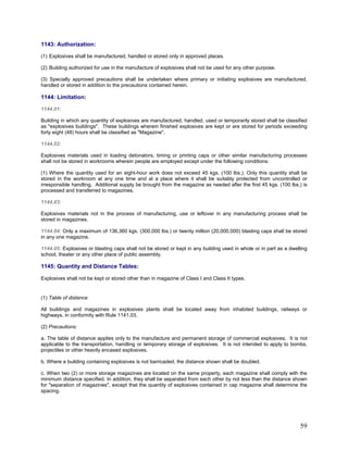 1143: Authorization:
(1) Explosives shall be manufactured, handled or stored only in approved places.
(2) Building authorized for use in the manufacture of explosives shall not be used for any other purpose.
(3) Specially approved precautions shall be undertaken where primary or initiating explosives are manufactured,
handled or stored in addition to the precautions contained herein.
1144: Limitation:
1144.01:
Building in which any quantity of explosives are manufactured, handled, used or temporarily stored shall be classified
as "explosives buildings". These buildings wherein finished explosives are kept or are stored for periods exceeding
forty eight (48) hours shall be classified as "Magazine".
1144.02:
Explosives materials used in loading detonators, timing or printing caps or other similar manufacturing processes
shall not be stored in workrooms wherein people are employed except under the following conditions:
(1) Where the quantity used for an eight-hour work does not exceed 45 kgs. (100 lbs.). Only this quantity shall be
stored in the workroom at any one time and at a place where it shall be suitably protected from uncontrolled or
irresponsible handling. Additional supply be brought from the magazine as needed after the first 45 kgs. (100 lbs.) is
processed and transferred to magazines.
1144.03:
Explosives materials not in the process of manufacturing, use or leftover in any manufacturing process shall be
stored in magazines.
1144.04: Only a maximum of 136,360 kgs. (300,000 lbs.) or twenty million (20,000,000) blasting caps shall be stored
in any one magazine.
1144.05: Explosives or blasting caps shall not be stored or kept in any building used in whole or in part as a dwelling
school, theater or any other place of public assembly.
1145: Quantity and Distance Tables:
Explosives shall not be kept or stored other than in magazine of Class I and Class II types.
(1) Table of distance
All buildings and magazines in explosives plants shall be located away from inhabited buildings, railways or
highways, in conformity with Rule 1141.03.
(2) Precautions:
a. The table of distance applies only to the manufacture and permanent storage of commercial explosives. It is not
applicable to the transportation, handling or temporary storage of explosives. It is not intended to apply to bombs,
projectiles or other heavily encased explosives.
b. Where a building containing explosives is not barricaded, the distance shown shall be doubled.
c. When two (2) or more storage magazines are located on the same property, each magazine shall comply with the
minimum distance specified. In addition, they shall be separated from each other by not less than the distance shown
for "separation of magazines", except that the quantity of explosives contained in cap magazine shall determine the
spacing.
59
 