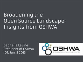Broadening the
Open Source Landscape:
Insights from OSHWA

Gabriella Levine
President of OSHWA
IQT, Jan. 8 2013

 