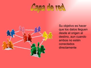 Capa de red  Su objetivo es hacer que los datos lleguen desde el origen al destino, aun cuando ambos no estén conectados directamente   