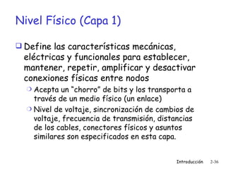 Nivel Físico (Capa 1) Define las características mecánicas, eléctricas y funcionales para establecer, mantener, repetir, amplificar y desactivar conexiones físicas entre nodos Acepta un “chorro” de bits y los transporta a través de un medio físico (un enlace) Nivel de voltaje, sincronización de cambios de voltaje, frecuencia de transmisión, distancias de los cables, conectores físicos y asuntos similares son especificados en esta capa. 