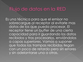 Es una técnica para que el emisor no
  sobrecargue al receptor al evitarle mas
  datos de los que pueda procesar. El
  receptor tiene un buffer de una cierta
  capacidad para ir guardando los datos
  recibidos y tras procesarlos, enviándolos
  a capas superiores. Vamos a suponer
  que todas las trampas recibidas llegan
  con un poco de retardo pero sin errores
  y sin adelantarse una a otras.
 