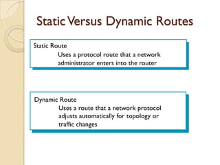 Static Versus Dynamic Routes
Static Route
         Uses a protocol route that a network
         administrator enters into the router




Dynamic Route
       Uses a route that a network protocol
       adjusts automatically for topology or
       traffic changes
 