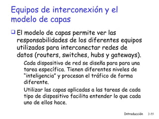 Equipos de interconexión y el
modelo de capas
 El modelo de capas permite ver las

responsabilidades de los diferentes equipos
utilizados para interconectar redes de
datos (routers, switches, hubs y gateways).
Cada dispositivo de red se diseña para para una
tarea específica. Tienen diferentes niveles de
“inteligencia” y procesan el tráfico de forma
diferente.
Utilizar las capas aplicadas a las tareas de cada
tipo de dispositivo facilita entender lo que cada
uno de ellos hace.
Introducción

2-55

 