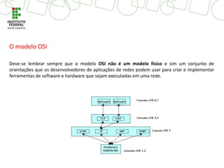 O modelo OSI
Deve-se lembrar sempre que o modelo OSI não é um modelo físico e sim um conjunto de
orientações que os desenvolvedores de aplicações de redes podem usar para criar e implementar
ferramentas de software e hardware que sejam executadas em uma rede.
 