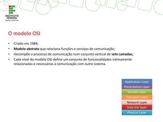 O modelo OSI
• Criado em 1984;
• Modelo abstrato que relaciona funções e serviços de comunicação;
• Decompõe o processo de comunicação num conjunto vertical de sete camadas;
• Cada nível do modelo OSI define um conjunto de funcionalidades intimamente
relacionadas e necessárias à comunicação com outro sistema.
 