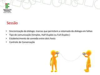 • Sincronização do diálogo: marcas que permitem a retomada do diálogo em falhas
• Tipo de comunicação (Simplex, Half-Duplex ou Full-Duplex )
• Estabelecimento de conexão entre dois hosts
• Controle de Conversação
Sessão
 