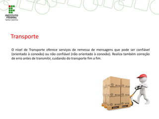 O nível de Transporte oferece serviços de remessa de mensagens que pode ser confiável
(orientado à conexão) ou não confiável (não orientado à conexão). Realiza também correção
de erro antes de transmitir, cuidando do transporte fim a fim.
Transporte
 