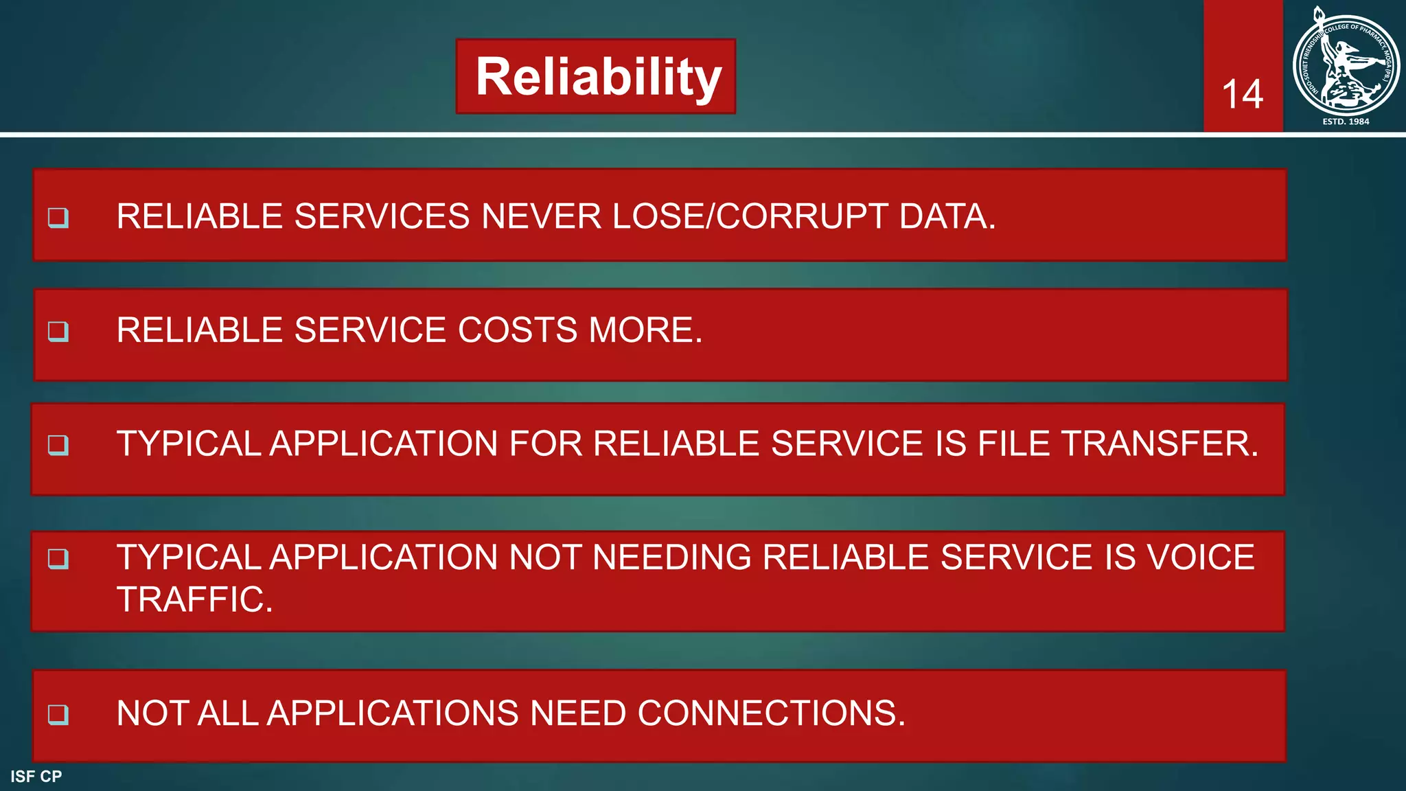 14Reliability
 RELIABLE SERVICES NEVER LOSE/CORRUPT DATA.
 RELIABLE SERVICE COSTS MORE.
 TYPICAL APPLICATION FOR RELIABLE SERVICE IS FILE TRANSFER.
 TYPICAL APPLICATION NOT NEEDING RELIABLE SERVICE IS VOICE
TRAFFIC.
 NOT ALL APPLICATIONS NEED CONNECTIONS.
ISF CP
 