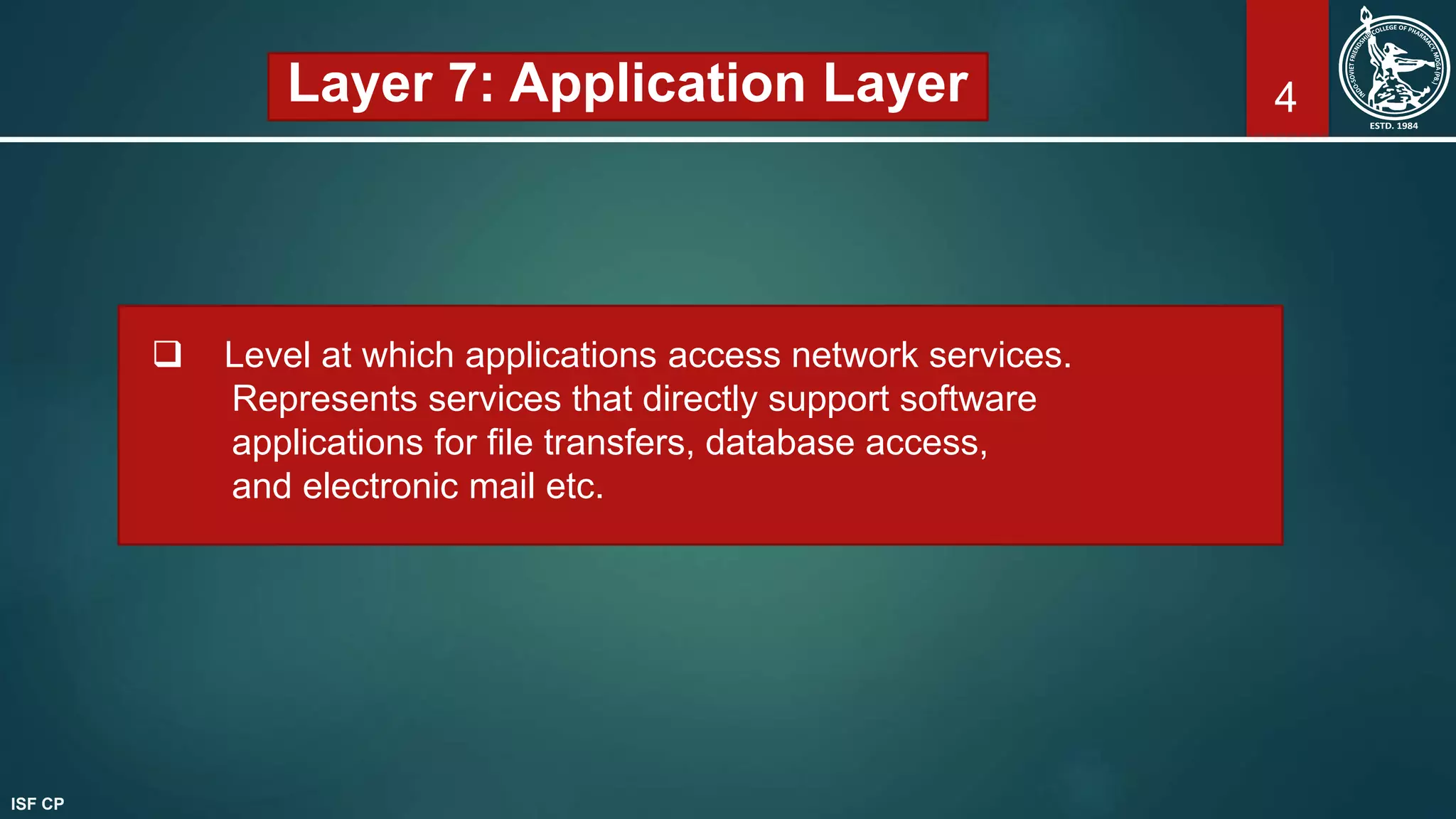 4Layer 7: Application Layer
 Level at which applications access network services.
Represents services that directly support software
applications for file transfers, database access,
and electronic mail etc.
ISF CP
 