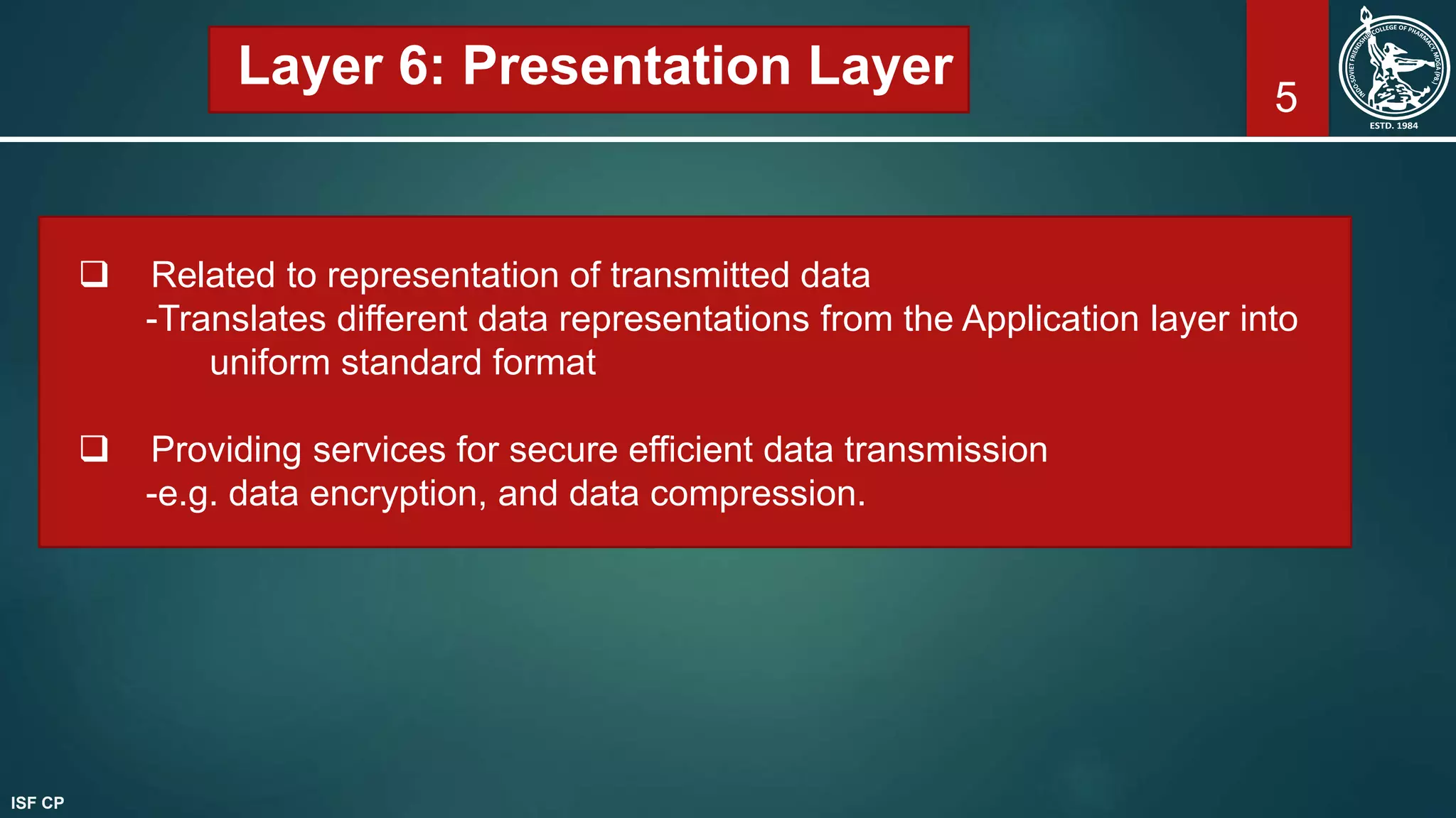 5
Layer 6: Presentation Layer
 Related to representation of transmitted data
-Translates different data representations from the Application layer into
uniform standard format
 Providing services for secure efficient data transmission
-e.g. data encryption, and data compression.
ISF CP
 