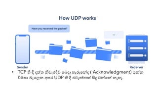 • TCP හි දී දත්ත ිවැරදිව යබදා හැරුයන්නද ( Acknowledgment) ෙන්නන
විමසා බැයලන අතර UDP හි දී එවැන්නනක් සිදු වන්නයන්න නැහැ.
 