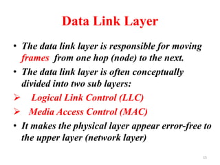 Data Link Layer
• The data link layer is responsible for moving
frames from one hop (node) to the next.
• The data link layer is often conceptually
divided into two sub layers:
➢ Logical Link Control (LLC)
➢ Media Access Control (MAC)
• It makes the physical layer appear error-free to
the upper layer (network layer)
15
 