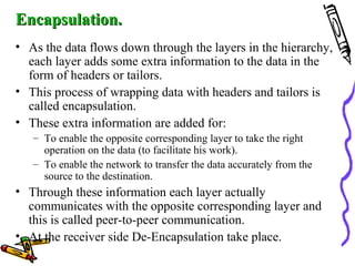 Encapsulation.Encapsulation.
• As the data flows down through the layers in the hierarchy,
each layer adds some extra information to the data in the
form of headers or tailors.
• This process of wrapping data with headers and tailors is
called encapsulation.
• These extra information are added for:
– To enable the opposite corresponding layer to take the right
operation on the data (to facilitate his work).
– To enable the network to transfer the data accurately from the
source to the destination.
• Through these information each layer actually
communicates with the opposite corresponding layer and
this is called peer-to-peer communication.
• At the receiver side De-Encapsulation take place.
 