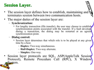 Session Layer.Session Layer.
• The session layer defines how to establish, maintaining and
terminates session between two communication hosts.
• The major duties of the session layer are:
– Synchronization:
• For lengthy transaction (file transfer), the user may choose to establish
synchronization points associated with the transfer. If a fault develops
during a transaction, the dialog may be restarted at an agreed
synchronization point.
– Dialog control:
• Session layer determines that which role is to be played at any given
time by a host.
– Duplex: Two-way simultaneous.
– Half-Duplex: Two-way alternate.
– Simplex: One-way.
• Session layer protocols are SQL, ASP(AppleTalk Session
Protocol), Remote Procedure Call (RPC), X Window
System.
 