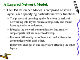 A Layered Network Model.A Layered Network Model.
• The OSI Reference Model is composed of seven
layers, each specifying particular network functions.
– The process of breaking up the functions or tasks of
networking into layers reduces complexity and makes
learning easier to understand.
– It breaks the network communication into smaller,
simpler parts that are easier to develop.
– It allows different types of hardware and software to
communicate with each other.
– It prevents changes in one layer from affecting the other
layers.
 