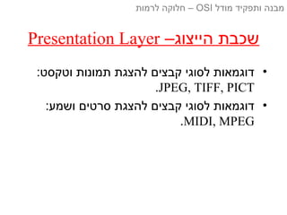–‫הייצוג‬ ‫שכבת‬Presentation Layer
•:‫וטקסט‬ ‫תמונות‬ ‫להצגת‬ ‫קבצים‬ ‫לסוגי‬ ‫דוגמאות‬
JPEG, TIFF, PICT.
•:‫ושמע‬ ‫סרטים‬ ‫להצגת‬ ‫קבצים‬ ‫לסוגי‬ ‫דוגמאות‬
MIDI, MPEG.
‫מודל‬ ‫ותפקיד‬ ‫מבנה‬OSI‫לרמות‬ ‫חלוקה‬ –
 