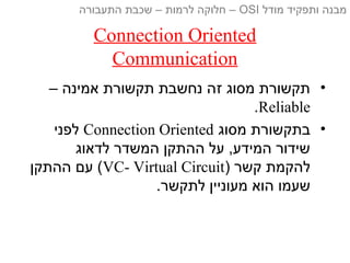 Connection Oriented
Communication
•– ‫אמינה‬ ‫תקשורת‬ ‫נחשבת‬ ‫זה‬ ‫מסוג‬ ‫תקשורת‬
Reliable.
•‫מסוג‬ ‫בתקשורת‬Connection Oriented‫לפני‬
‫לדאוג‬ ‫המשדר‬ ‫ההתקן‬ ‫על‬ ,‫המידע‬ ‫שידור‬
) ‫קשר‬ ‫להקמת‬VC- Virtual Circuit‫ההתקן‬ ‫עם‬ (
.‫לתקשר‬ ‫מעוניין‬ ‫הוא‬ ‫שעמו‬
‫מודל‬ ‫ותפקיד‬ ‫מבנה‬OSI‫התעבורה‬ ‫שכבת‬ – ‫לרמות‬ ‫חלוקה‬ –
 