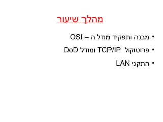 ‫שיעור‬ ‫מהלך‬
•– ‫ה‬ ‫מודל‬ ‫ותפקיד‬ ‫מבנה‬OSI
•‫פרוטוקול‬TCP/IP‫ומודל‬DoD
•‫התקני‬LAN
 