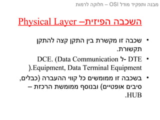 –‫הפיזית‬ ‫השכבה‬Physical Layer
•‫להתקן‬ ‫קצה‬ ‫התקן‬ ‫בין‬ ‫מקשרת‬ ‫זו‬ ‫שכבה‬
.‫תקשורת‬
•DTE‫-ל‬DCE. (Data Communication
Equipment, Data Terminal Equipment).
•,‫)כבלים‬ ‫ההעברה‬ ‫קווי‬ ‫כל‬ ‫ממומשים‬ ‫זו‬ ‫בשכבה‬
– ‫הרכזת‬ ‫ממומשת‬ ‫ובנוסף‬ (‫אופטיים‬ ‫סיבים‬
HUB.
‫מודל‬ ‫ותפקיד‬ ‫מבנה‬OSI‫לרמות‬ ‫חלוקה‬ –
 