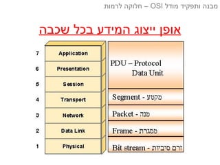‫שכבה‬ ‫בכל‬ ‫המידע‬ ‫ייצוג‬ ‫אופן‬
‫מודל‬ ‫ותפקיד‬ ‫מבנה‬OSI‫לרמות‬ ‫חלוקה‬ –
 