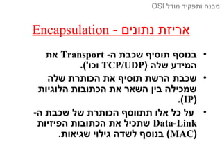 - ‫נתונים‬ ‫אריזת‬Encapsulation
•-‫ה‬ ‫שכבת‬ ‫תוסיף‬ ‫בנוסף‬Transport‫את‬
) ‫שלה‬ ‫המידע‬TCP/UDP.('‫וכו‬
•‫שלה‬ ‫הכותרת‬ ‫את‬ ‫תוסיף‬ ‫הרשת‬ ‫שכבת‬
‫הלוגיות‬ ‫הכתובות‬ ‫את‬ ‫השאר‬ ‫בין‬ ‫שמכילה‬
)IP.(
•-‫ה‬ ‫שכבת‬ ‫של‬ ‫הכותרת‬ ‫תתווסף‬ ‫אלו‬ ‫כל‬ ‫על‬
Data-Link‫הפיזיות‬ ‫הכתובות‬ ‫את‬ ‫שתכיל‬
)MAC.‫שגיאות‬ ‫גילוי‬ ‫לשדה‬ ‫בנוסף‬ (
‫מודל‬ ‫ותפקיד‬ ‫מבנה‬OSI
 