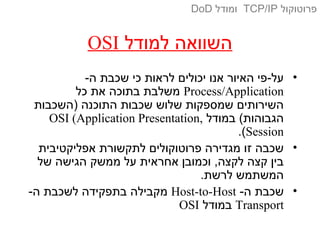 ‫למודל‬ ‫השוואה‬OSI
•-‫ה‬ ‫שכבת‬ ‫כי‬ ‫לראות‬ ‫יכולים‬ ‫אנו‬ ‫האיור‬ ‫על-פי‬
Process/Application‫כל‬ ‫את‬ ‫בתוכה‬ ‫משלבת‬
‫)השכבות‬ ‫התוכנה‬ ‫שכבות‬ ‫שלוש‬ ‫שמספקות‬ ‫השירותים‬
‫במודל‬ (‫הגבוהות‬OSI (Application Presentation,
Session.(
•‫אפליקטיבית‬ ‫לתקשורת‬ ‫פרוטוקולים‬ ‫מגדירה‬ ‫זו‬ ‫שכבה‬
‫של‬ ‫הגישה‬ ‫ממשק‬ ‫על‬ ‫אחראית‬ ‫וכמובן‬ ,‫לקצה‬ ‫קצה‬ ‫בין‬
.‫לרשת‬ ‫המשתמש‬
•-‫ה‬ ‫שכבת‬Host-to-Host-‫ה‬ ‫לשכבת‬ ‫בתפקידה‬ ‫מקבילה‬
Transport‫במודל‬OSI
‫פרוטוקול‬TCP/IP‫ומודל‬DoD
 