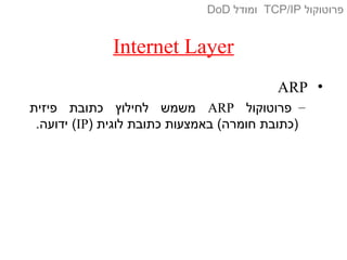 Internet Layer
•ARP
–‫פרוטוקול‬ARP‫פיזית‬ ‫כתובת‬ ‫לחילוץ‬ ‫משמש‬
) ‫לוגית‬ ‫כתובת‬ ‫באמצעות‬ (‫חומרה‬ ‫)כתובת‬IP.‫ידועה‬ (
‫פרוטוקול‬TCP/IP‫ומודל‬DoD
 