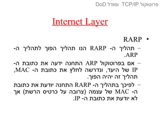 Internet Layer
•RARP
–-‫ה‬ ‫תהליך‬RARP-‫ה‬ ‫לתהליך‬ ‫הפוך‬ ‫תהליך‬ ‫הנו‬
ARP.
–‫בפרוטוקול‬ ‫אם‬ARP-‫ה‬ ‫כתובת‬ ‫את‬ ‫ידעה‬ ‫התחנה‬
IP-‫ה‬ ‫כתובת‬ ‫את‬ ‫לחלץ‬ ‫ונדרשה‬ ,‫היעד‬ ‫של‬MAC,
.‫הפוך‬ ‫יהיה‬ ‫זה‬ ‫תהליך‬
–-‫ה‬ ‫בתהליך‬ ‫לפיכך‬RARP‫כתובת‬ ‫את‬ ‫יודעת‬ ‫התחנה‬
-‫ה‬MAC‫אך‬ (‫הרשת‬ ‫כרטיס‬ ‫על‬ ‫)צרובה‬ ‫עצמה‬ ‫של‬
-‫ה‬ ‫כתובת‬ ‫את‬ ‫יודעת‬ ‫לא‬IP.
‫פרוטוקול‬TCP/IP‫ומודל‬DoD
 