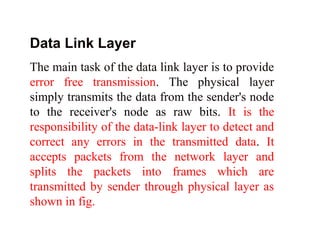 Data Link Layer 
The main task of the data link layer is to provide 
error free transmission. The physical layer 
simply transmits the data from the sender's node 
to the receiver's node as raw bits. It is the 
responsibility of the data-link layer to detect and 
correct any errors in the transmitted data. It 
accepts packets from the network layer and 
splits the packets into frames which are 
transmitted by sender through physical layer as 
shown in fig. 
 