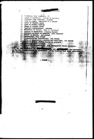 G, 
6- 
1* 
Direction fraa obs«5**verj 3° 
of elavation: unabla i;o estiaait^ 
troa observer i unicaawa 
in uighfcj ona—fiiTt:ii oif a aecoad 
Color of object* green 
3ixe or objeorfcj tmkaona 
Shape of objeett round 
Apparent oan«tr«oticma unJcncwm A 
Dir«otioa of fllsh** Fast to TTorthoaa-^ 
Saotios or aauxeu-versr sloping deacent 
'•.•.' • - * 4 ' ^ ^ - ' ^ f ^ ^ - 
3 
 