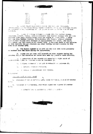 • • • ; > , - • • - * - • 
^ > 
jUt iu-J 
c. ^-c 
3/;JC». local fl.73.xia; fields •rs-.il.9d to •: y -.i o^i,/ ici'-fic;ilsd f l i 
or of y.;*i-?2.t;ely ov ^^J1 ; i^;es in the '."-i-r -it the t i^e of thi s 
a« -5-.3S9 ...f t;--'Stiag di*ricas - .i, ciieck vitn the •*"either liuresa, 
p -*irp«-ir6-v Iticsaii, Ariso;-»a. disclosed that weatiier aailoxis imrrB not 
rslaased fro» iyiiair statioa siiice a'aoat the ^liddi* of .^a^uafc 19^» A eitecjc 
vit>: the B&3« #»•*&«r Station, Davig-Monthaa Ai'B, Tucson, ;*jrlsoi^a revealed 
•!;*;£.t weather b&ioozis vara r^laasad at approximately 0200 ionurs, 0S00 hour*, 
i ^ j iiours, aad 2000 hoxir* on 12 October 19^» A tiaoro>agh check: of a l l agaacia» 
ixi tlaifl vicinity €i& not diado«« any otix«r testing devics« released ia th.it 
area oa IS Octol»«r 1 9 ^ . •: 
• • '?h«f w»4«-ct »i^.t«d ^Jy Lt LA22. did sot coaie into close proxlaitj 
or ooaUot with tlat earth dnrln^ the ofeserration* : 
f. Os^eir did aot eoae aear aircraft or other objects during the 
flight aadL therefore no tsheckB vcre a»de for possible radio 
5. ii. pao-fccstafc* of the terrain, a-iid aurroiiXidi;!A sight point of 
v~:: identified o^ j-«c* is --it ached hereto as iaclouurre -^2. 
fi si .ii Lt L is 
o ::atsi.:ia rr vsrojectioas -'^re vieiiile. 
>.s Liiciosure. #1. 
:r.l3 
t of 1st Lt Thf? -J) J. iu2S, dated ftt T'icsua, -insoaa 17 October 
of t;-.e terraia, vhich object wa« <?i^ 12 ootober 
 