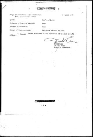I 
Suoj : . Unidantiri-:! '-srial Flienouoiion 
SPOT ILT.JLlI^liJCS S^PO^T 
Spead 
of t r a i l or exhaust: 
Can't 
None 
5 April 1G5O 
Tactics or maneuvers: None 
lianner of disappearance: • . Buildings cut off ay view 
5* ~^—^-' Report submitted to the Direction of Special Investi-gations 
> 
D0YL3/R33S 
Lt Cod, USAF 
Comaander 
- 6 - 
 
