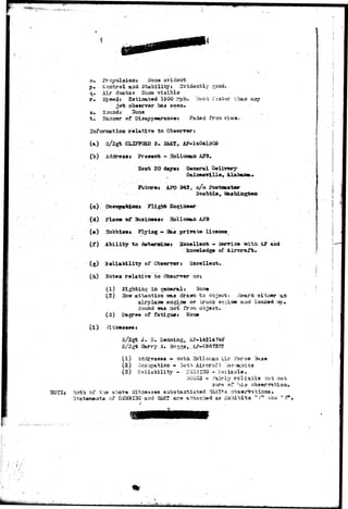 o. propulsion: "None evidsat 
p. Control and Stability: 3videatly good* 
q. Air duetss Soue visible 
r . Speed: Sstiaated 1500 rtph. Lfuca. faster than any 
jet; observer has seen-t 
. l&a-rmer of Disappearances Faded fro: 
Infonaation relative to Observer: 
(a) S/Sgfc CLIFFORD 3» SARI, AP-14041305 
(b) Address j Preaen* - HolloaauJ AF3U 
20 days* General 
FUtxare* APO 942, c/o Fostaaator 
(©) Oo«rup»iciont Flight 
(d) plac» of Busir»s«t Eollonan 
(e) Hobbies* Flying • Has private license^ 
(t) Ability to deteradn«t Sxcellenti - Service with. A? and 
knowledge of Aircraft* 
(g) S«liability of Observer: Sxcellent. 
(h) Hotea relative to Observer on: 
(1) Sighting in general: 
(2) Ho-sr attention -ssas drawn to object: Hsar'd si trier an 
airplane engine or truck engine aad looked tip* 
Sotmd waa not from object. 
(3) Degree of fatigue: Kone 
3/3gt J. D. Denaing, AP-14214748^ 
S/3gt Harry A. Bo552> .A?-6587322 
(1) Addresaea - Both Ho •iir l^orcs 3aae 
(2) Occupation • Both AircraJ 
(3) Reliability - DaiSTMIHG -.Saliable. 
reliabla but not 
surta of -ii.3 
Both of tlis above Witnasase substantiated H/RT.»s observations. 
Statements of Q3HHIUG and HART are attached as Sxhibita ?*-X** 
 