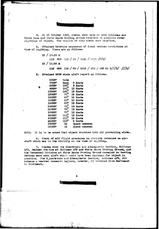 3. On 12 October 1:349., checks vraro made at 3qtk Eolloaan 
Force Base aud tfhito Sands Proving Ground rslativa to paasibla radar 
sightings oTT object results of t-hia circle, vrara negative- 
4. Obtained teletype sequeacaa of local r/eather conditions at 
time of sighting, Thero are a3 follows: 
12 / 10:30 S! 
AL2f G50 133 / 66 / 3142 / 0131 / / / 9 / 
12 / 11J30 M 
ALH 050 18S / 69 / 3812 / 019 / 002 41 2///s/ 
5. . Obtained 0800 winda aloft report a3 followst 
6000* 
7000* 
8000* 
9000* 
10000* 
12000* 
14000* 
16000* 
1S00O* 
20000* 
2500Q* 
S0000« 
35000* 
40000' 
45000t 
4* AAAA4 
6000O* 
65000* 
Calm 
East . 
150° 
130° 
70Q 
80° 
80° 
80° 
70° 
70° 
70° 
110° 
110^ 
150° 
US 
33 
6 
9 
IS 
12 
IS 
15 
IS 
15 
10 
15 
12 
13 
15 
8 
£nots 
Snots 
Snots 
Knots 
Knots 
Snots 
&3Ots 
Snots 
Snots 
Snots 
Snots 
Snots 
Snots 
Snots 
>eeO 'irf m i w 
>eed unknown 
Si 
K0T3: It ia to be noted that object traveled into all prevailing winds* 
6, Chock of a l l flight schedules ia yici^aty revealed no air-craft 
which -was in the vicinity at the time of sighting. 
7, uhacks rich, the Bleejaroaio oapS5ric Static*;, 
F3, leather Station at ilolloman AFB and ?7bite Sands Proving CS"ouad, 
the Technical Division at Vfoits Sands Proving Ground revealed no testing 
devices tiers sent aloft -which could have boea mistakes for object in 
question. The S^lectronic and Atmospheric Section, aollorsan AJft3, did 
rolease a -smatber research balloon, hoisever, i t tr?.v©lad from Korthe«8t 
to Southawst* 
4 
 