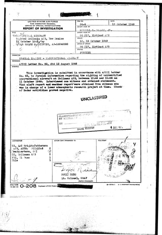UNITED STATES AIR FORCE 
THE INSPECTOR GENERAL, 
OFFICE OF SPECIAL INVESTIGATIONS 
REPORT OF INVESTIGATION 
FOE NO. DATE 
18 October" 1949 
REPORT MADE BY 
. rp.-jor .T9. 
T1TU 
IGcniTIC-ftAL AIRCRAFT 
Sighted i i o l l o i a ^ AB'3, ITe-sf Ifescico 
ll~Ootob«r 194$/by 
RALPH Ji^STSVESS, AF-1SO4S39E 
! REPORT MADE AT 
DO #17, Kirtland, AF3 
/ ! 
PERIOD 
12, 15 October 1949 
OFFICE OF ORIGIN 
DO -#17» Xirtland AFB 
STATUS 
•P5KDI30 
CHARACTER 
' SFBCIAL 
REFERENCE 
A^CSI Latter Ho. 35, dtd 12 August 1949 
SYNOPSIS 
Thia iaT»«tigiition i s 8ubaitt«d in accordance with. AFGSI Latt«r- 
So, 851 to furaish iaformatioa regarding the sighting o£ uaid«atififtd 
uacoventional air«rafii a* Bolloman AF3, betw»«t 10x4=6 a»a 11:00 oit 
11 October 1949* Int«rri*"»«l mam ••mitammm aad obtainad etatameat* 
Wind a l o f t r«p«rfe *ad w»«thor r«portNror« obtminad from «ita«as 
/wa* in coarg* of a lower atmoaphario roavareh projaot at tin** 
of Radar a c t i v i t i e s $rm& n»gativ»* 
CLASSIFICATION 
EY 
DISTRISUTIOH 
OG 
A5B, ATTN: if'CIAXO-5 
. 'leadqaaartera , 031 
GO, lie 1 Ionian A?3 
FBI, 31 Paso 
2 
1 
1 
ACTION COPY FORWARDED TO 
: / ii _ 
Lt» Colonels USA? ;:; 
District Commander. 
HLE STAMP 
AFHQ FORM 
15 JAN 49 Q — 2 CD 8 Replac« AJCSI Form 4, IB—577*4-1 D. 3. oovnH 
. - • / . 
 