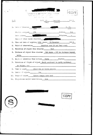 ID 5 0 
(:,:onth) 
1. L'ar.2 o;' Observer- 0. 
i.*. l . 
3-J- - --- - 
."ic~ e .- ac^r s s; 
374 Section G-l 
Telephone 
K3E.3 3 of other known observers 
2. Time and date of sighting 1928 hours 24 December 195 0 
3. Point of observation Junction road ^5 and ?fest road. 
4, Direction of object from o West 
5, Distance of object from observer Hot knoiJYn - Off in distance beyond 
hills 
* Angls of. elevation from horizon Sixty desrees 
7. Direction of flight of object South southeast to north northwest 
in falling arc. 
8. Time ir. sight 
9. LTum"J3r -.? objects 
ects 
10. Shaps of object 
ct 
About 
Spher 
t"«vo or 
One 
e shaoed 
three 
v/ith 
11. Projactions and/or indentations 1'Ions 
seconds 
tail 
 