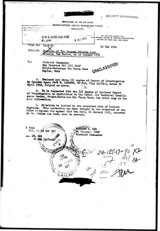BY 
TO 
SECURITY INFORMATION 
DEPARTMENT OF THE AIR FORCE 
HEAOGUARTERS UNITED' STATESTffi? FORCE 
WASHiNGTON ""'' = 
K'JRT K. KU^ZE, CaptT USA3F 
2^3-30 
THE INSPECTOR GENERAL USAF 
DISTRICT OFFICE OF SPECIAL INVESTIGATIONS 
KIRTLAND AIM FORCE BASB, NEW MCI ICO 
22 May 1952 
Hew ^g^ico, o n 16 January 1951 
5th District OSI (IG) X3SAF 
W'right-Patteraou Air Force Base 
Dayton, Ohio 
It la requested that tiro of 
- 1 6 
oc 
 